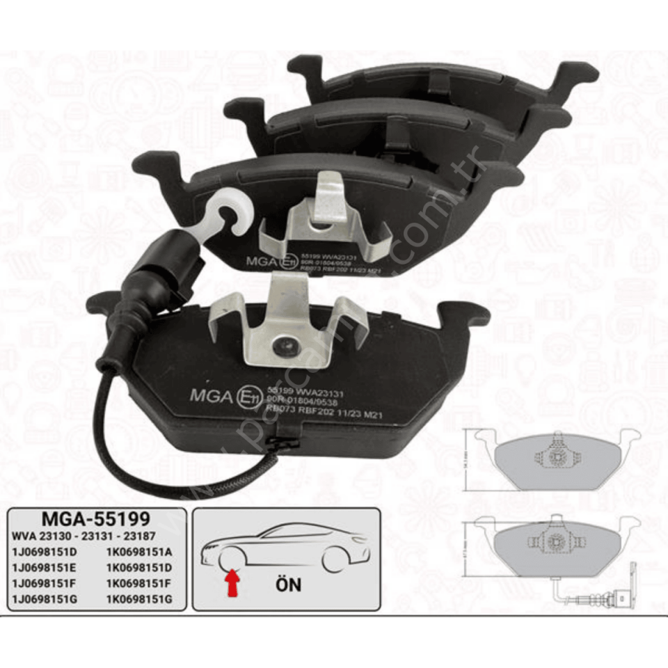 Ön Fren Balatası Kablolu - VW Golf 98-06 , Polo 02-05 , Audi A3 97-03 , Seat Leon 00-06 , Skoda Octavia 97-11 MGA 55199 / 1J0698151D